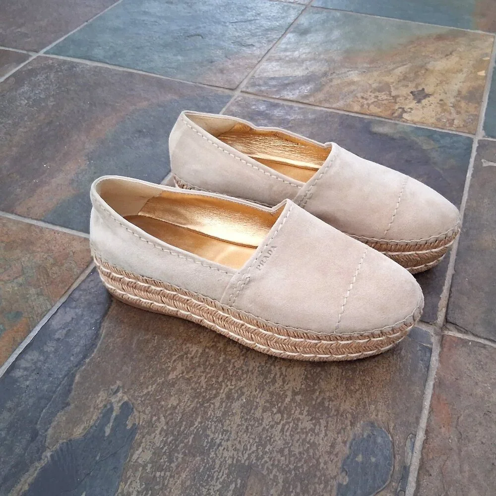 Prada Cream Nude Suede Espadrille Shoes
